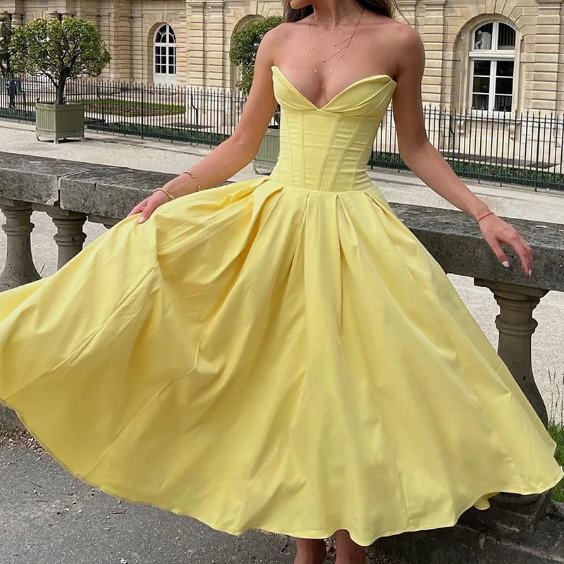 LIZAKOSHT  -  Women Sexy Strapless Hollow Out Evening Dress Spring Pure High Waist Hem Long Dress Summer Sleeveless Backless A-Line Maxi Dress