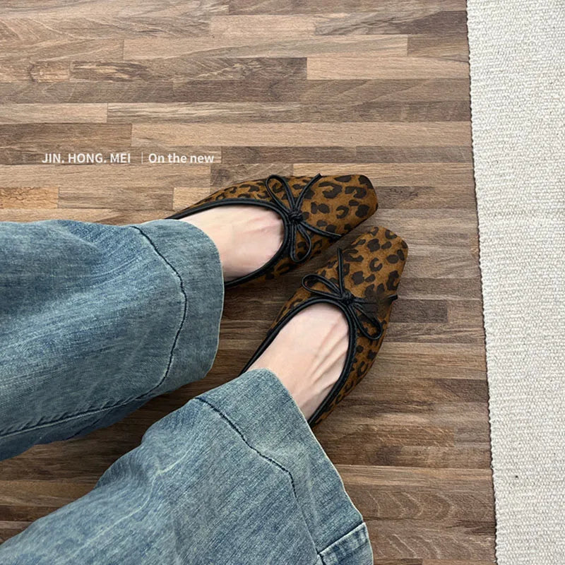 LIZAKOSHT  -  Female Flats Shoes Women Classics Casual Loafer Fashion Square Toe Soft Heel Design Bow Knot 2025 Spring Leopard Print Ballerina