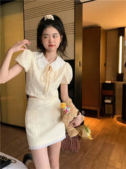 LIZAKOSHT  -  Summer Yellow Fashion 2 Piece Sets Cute Girl Short Puff Sleeve Lace Doll Collar Shirt Top&Mini Skirt 2pc Dress Suits