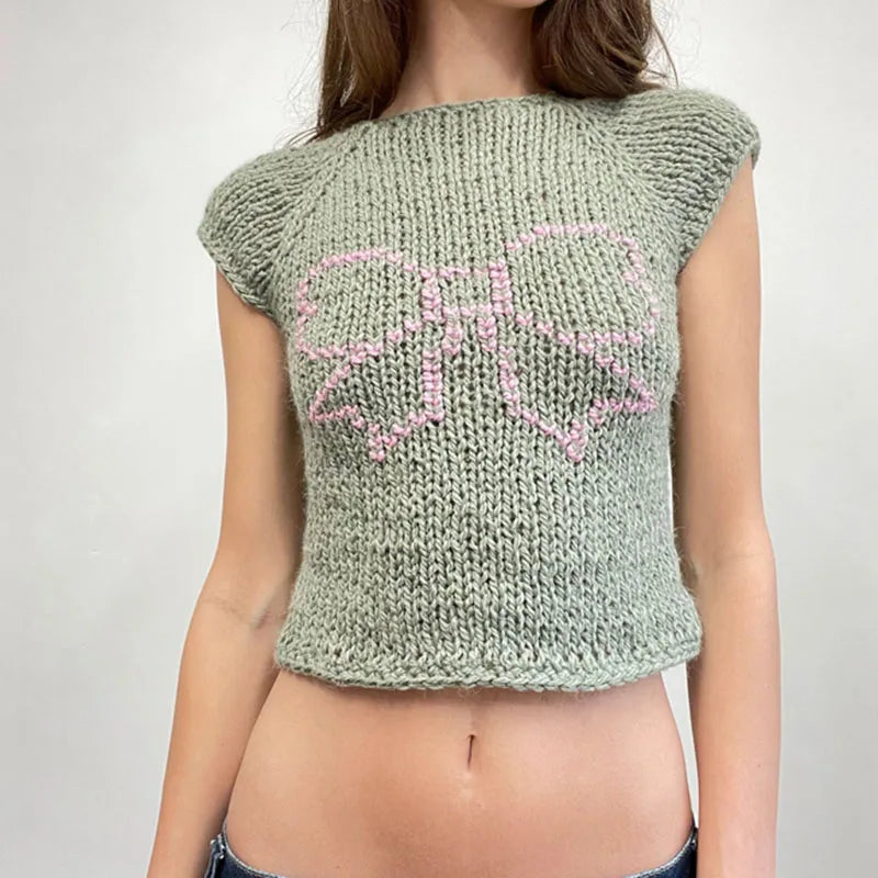 LIZAKOSHT  -  Butterfly/Bow Knit Short Sleeve Sweater Tees Aesthetic 2000s Retro Grunge T-shirt Preppy Cute Cottage Y2K Crop Tops Knitwear
