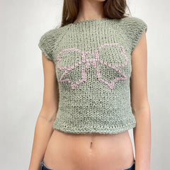 LIZAKOSHT  -  Butterfly/Bow Knit Short Sleeve Sweater Tees Aesthetic 2000s Retro Grunge T-shirt Preppy Cute Cottage Y2K Crop Tops Knitwear