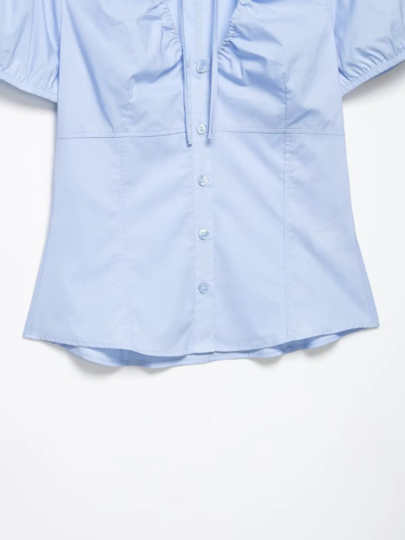 LIZAKOSHT  -  Summer New Bow Lace-up Puff Sleeve Slim Blue Shirts Women Sexy V-neck Single Breasted Crop Tops Y2K Girl Cute Tops