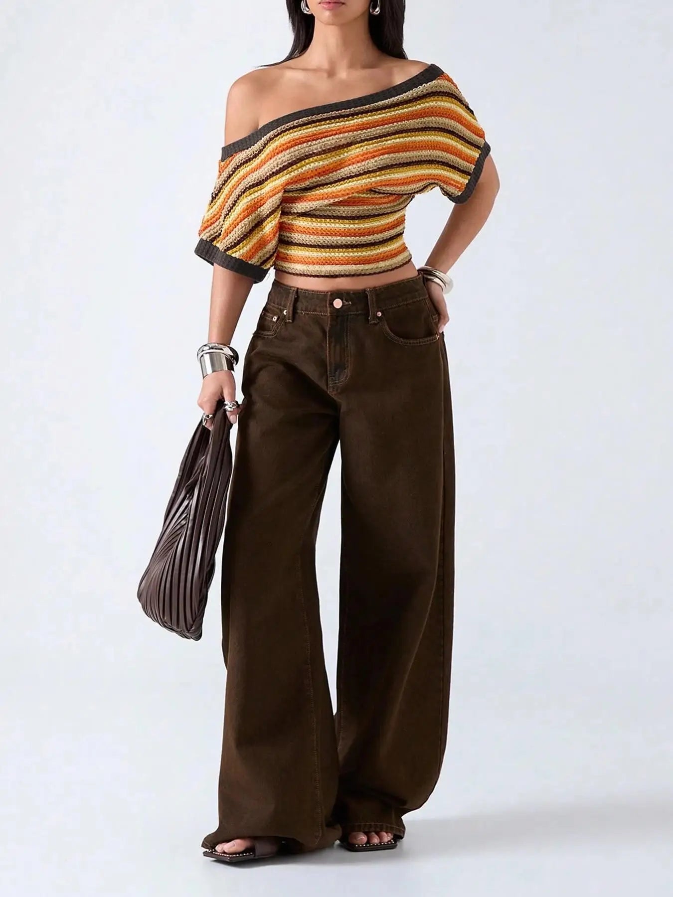 LIZAKOSHT  -  Colorful Bohemian Y2K Spicy Retro Hollow Knitted T-Shirt Asymmetrical Shoulder Line Batswing Sleeve Waist Cinched Top