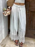 LIZAKOSHT  -  Chic Lace Patchwork Elastic Waist Trouser Women Casual High-waisted Lace Up Loose Wide-leg Ninth Pants Lady Street Outwear