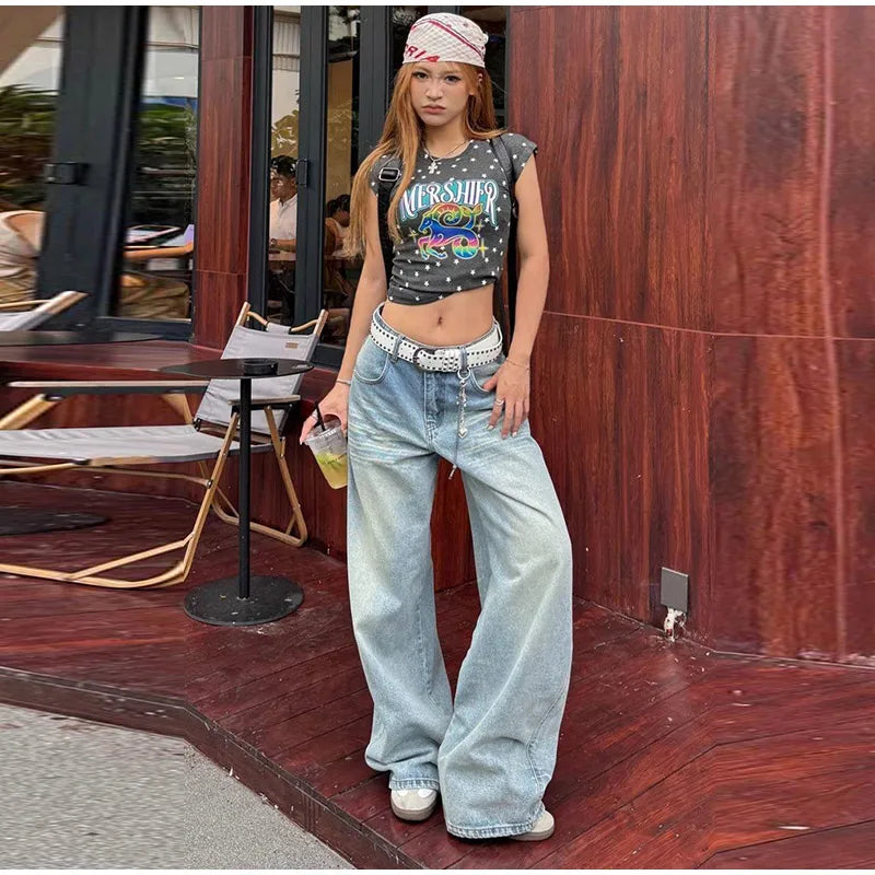 LIZAKOSHT  -  Women's Jeans Vintage Printed High Waist Zipper Pockets Straight Leg Trousers Female Spring Fashion Woman Clothes Outwears