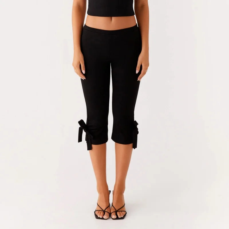 LIZAKOSHT  -  Women Bow Tie Up Skinny Capri Leggings Knee Length Capris Pants Sexy Stretchy Slim Fit Cropped Trousers