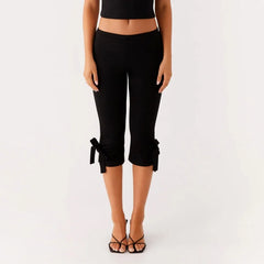 LIZAKOSHT  -  Women Bow Tie Up Skinny Capri Leggings Knee Length Capris Pants Sexy Stretchy Slim Fit Cropped Trousers