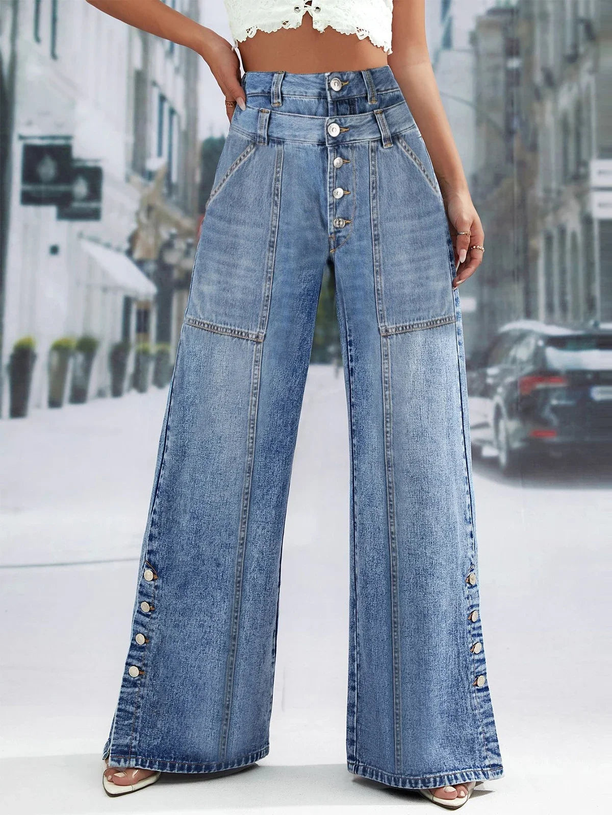 LIZAKOSHT  -  High Waist Wide Leg Jeans Women Fashion High Waist Button Wide Leg Long Pants Loose Slimming Straight Trendy Long Pants 2025