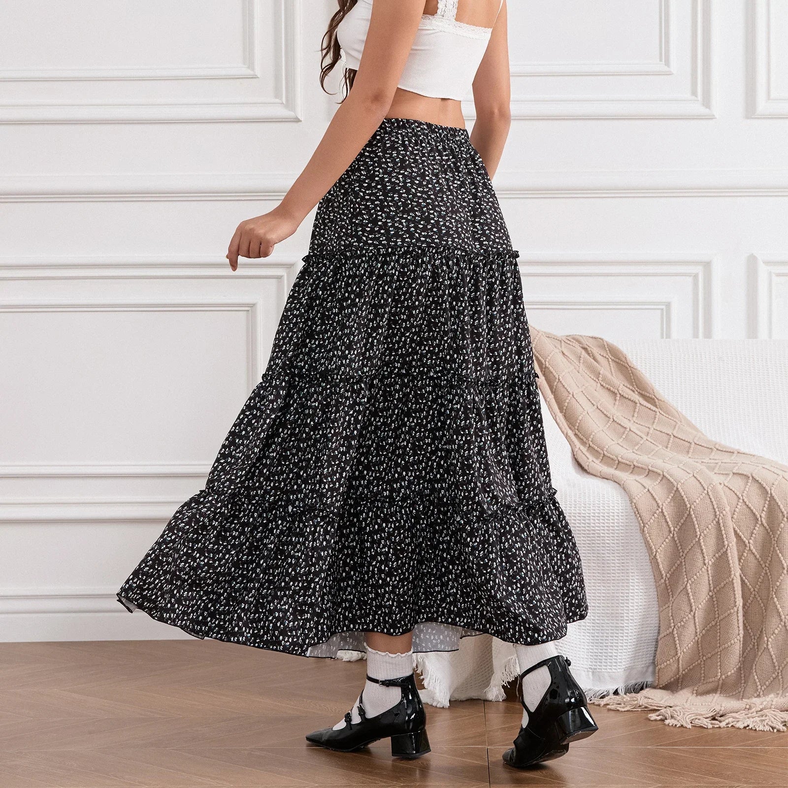 LIZAKOSHT  -  Women Fashion Boho Solid Elastic High Waist Tiered Skirt Bohemian Beach A-Line Long Skirt