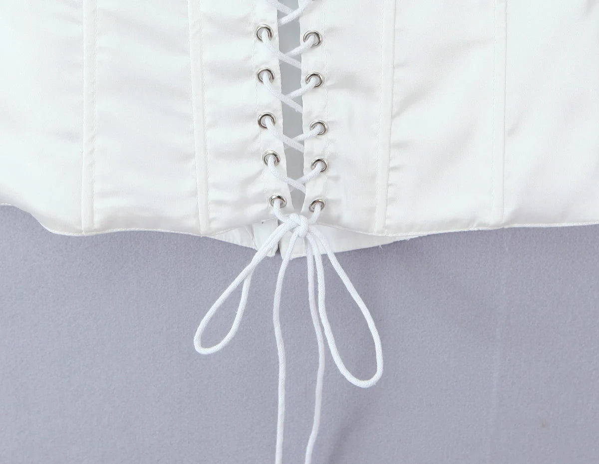 LIZAKOSHT  -  Sexy White Satin Bow Halter V neck Open Hook Buttons Slim Tank Top Women Cross Lacing Up Bandage Back Backless Tee Summer Vest