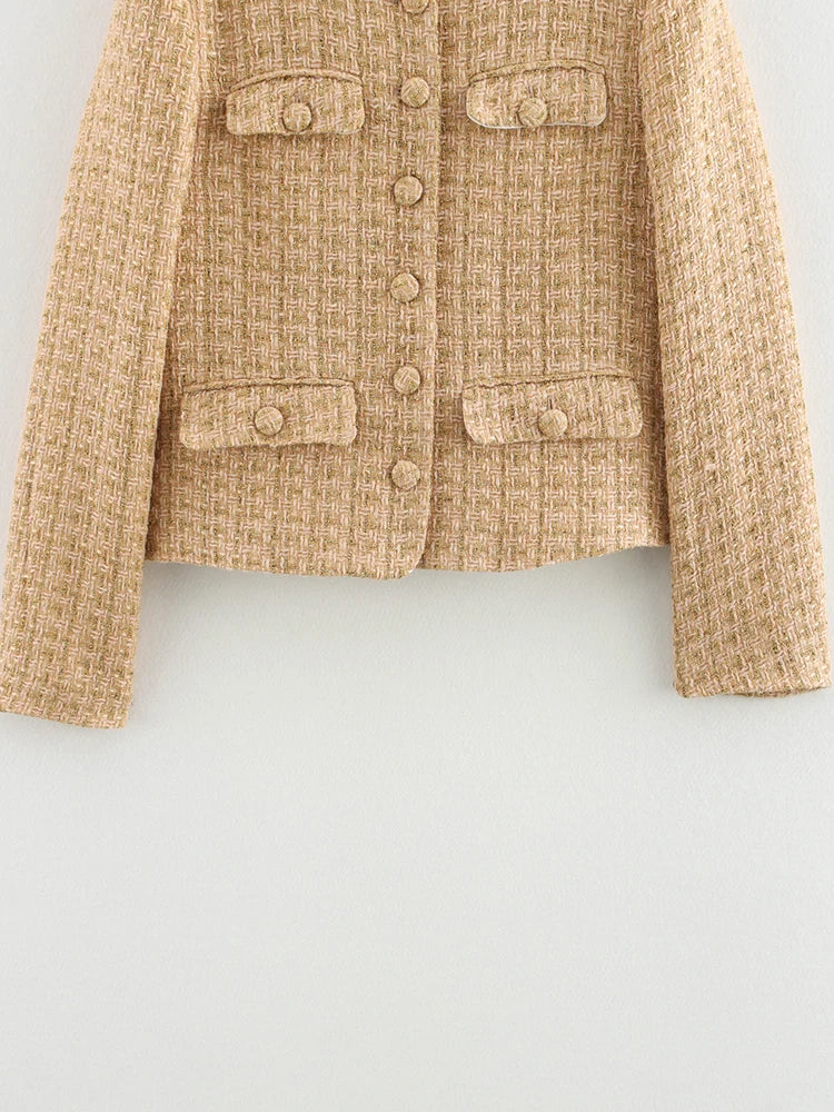 LIZAKOSHT  -  Vintage Women Elegant Tweed Golden Jacket Fashion Ladies Slim Single Breasted Jackets for Party Female Chic Outfits Cute