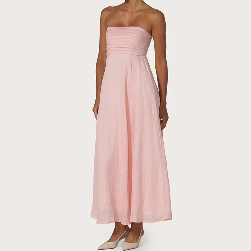 LIZAKOSHT  -  Women Tube Maxi Dress Ruched Strapless Bodice A Line Long Dress Elegant Lady Sleeveless Flowy Summer Sundress