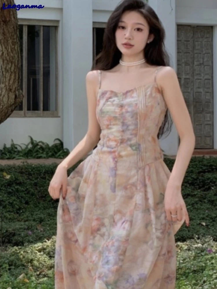 LIZAKOSHT  -  French Style Fairy Romantic Floral Printed Camisole Dress Ladies New Casual Beach Holiday Dresses Summer Midi Women Robe