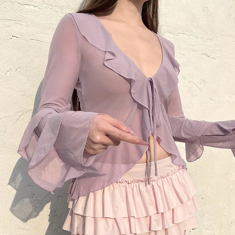 LIZAKOSHT  -  Fairy Temperament Ruffle V Neck Long Sleeve Mesh Thin Shirts Y2k Summer Elegant Simple Lace Up Cardigan Harajuku Punk Street Top