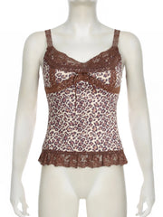 LIZAKOSHT  -  Sexy Leopard Print Patchwork Lace Vest Sleeveless Streetwear Aesthetic Camis Harajuku Slim 2000s Tops Grunge Fairycore