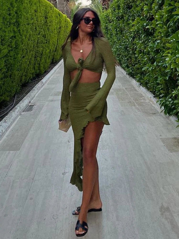 LIZAKOSHT  -  Sexy Irregular Skirt Women Set Fashion V-neck Lace Up Long Sleeve Short Top Suit Female High Waist Asymmetry Midi Skirts Outfits