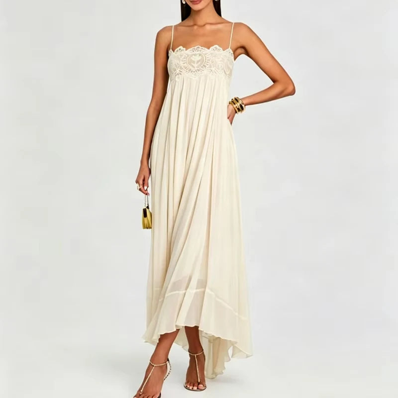LIZAKOSHT  -  Sexy Off Shoulder Silk Suspender Dress Elegant Lace Embroidery Splice Party Dress Lady Fashion Sleeveless Pleat Solid Long Dress