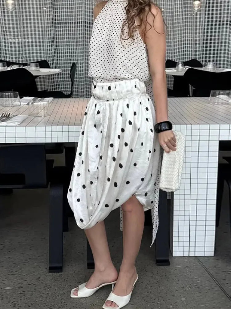 LIZAKOSHT  -  Dot Print Skirts Suits Women Halter Lace Up Sleeveless Irregular Sets Female 2025 Summer Fashion Chic Elastic Waist Street Set