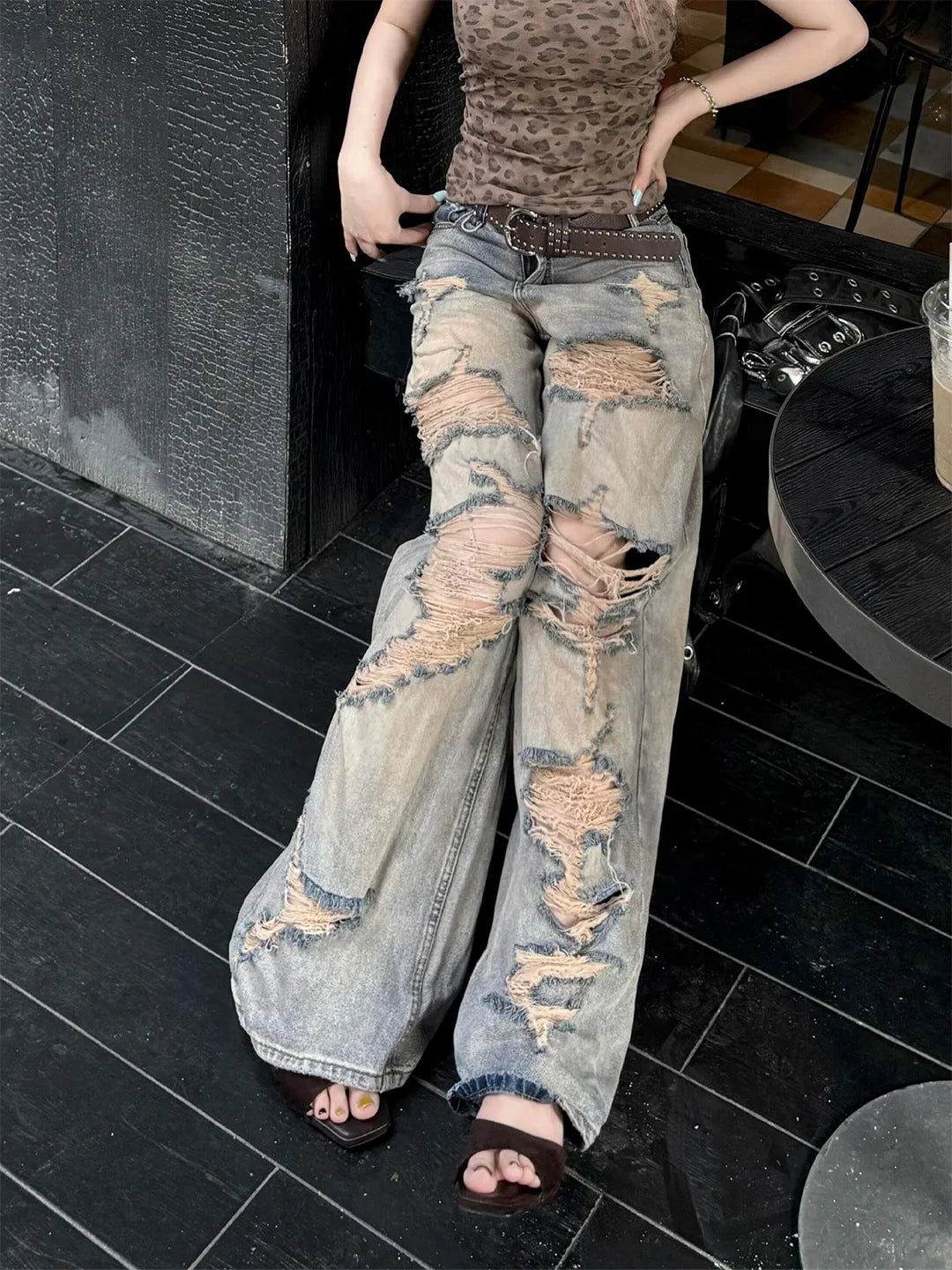 LIZAKOSHT  -  Summer Slimming Skinny Jeans American Style Worn-Wash Hole Punching Wide Leg Jeans Thin Denim Pants for Young Women