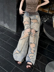 LIZAKOSHT  -  Summer Slimming Skinny Jeans American Style Worn-Wash Hole Punching Wide Leg Jeans Thin Denim Pants for Young Women