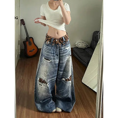  LIZAKOSHT  -  American-style tough lady striped ripped printed denim pants for women, new style, niche, loose, wide-leg,curved-cut pant
