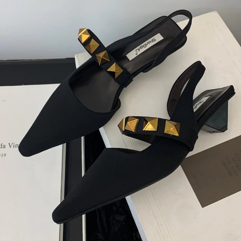 LIZAKOSHT  -  Sexy Rivet Slippers Women Low Heel Slingback Sandals Female Summer Pointed Toe Slide Chunky Designer Mules Pumps Sandalias Women