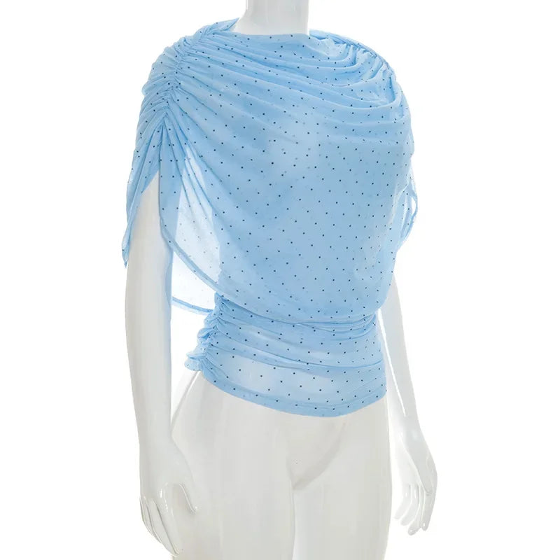 LIZAKOSHT  -  Women's Summer Polka Dot Print Shawl Tops High Street Ladies Fashion Sexy Folds Slim T-shirt Holiday Party Tee Shirts