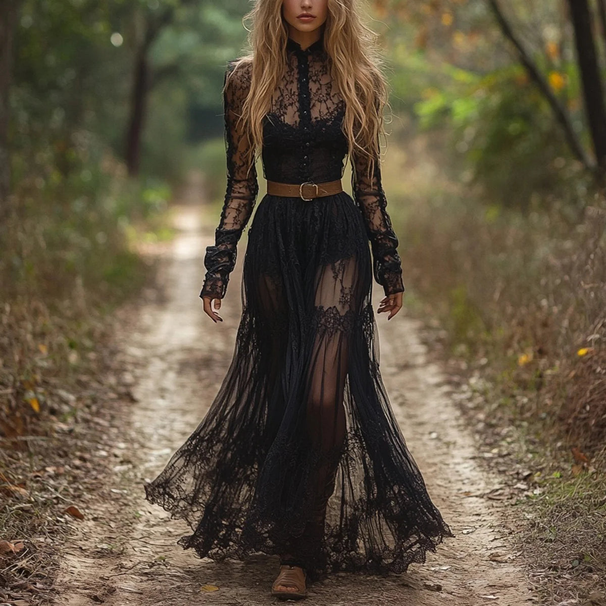 LIZAKOSHT  -  Fashion O-neck Women's Long-Sleeved Dress Lace Patchwork Pastoral Styles Elegant Floor-Length Gown for Special Occasions