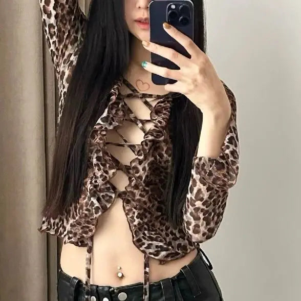 LIZAKOSHT  -  Tops High Quality Leopard Mesh Chiffon Lace-Up V Neck Long Flare Sleeve Print T-Shirt Blouse Femme Women Fashion Loose Tops