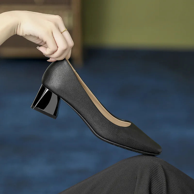 LIZAKOSHT -  Solid Japanned Leather Pumps Woman Block High Heels Shoes OL Ladies Dress Work Escarpins Femmes Designer Luxury Tacones Mujer