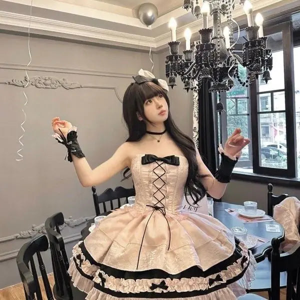 LIZAKOSHT  -  Japan Summer Original Japanese Harajuku Cool Girl Fashion Black Pink Bow Dress Female Temperament Sweet Kawaii Princess Dress