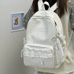 LIZAKOSHT  -  Fashion Polka Dot Travel Backpack Large Capacity Nylon Student Schoolbag Multi-pocket with Lace Laptop Daypack Daily Travel Bag