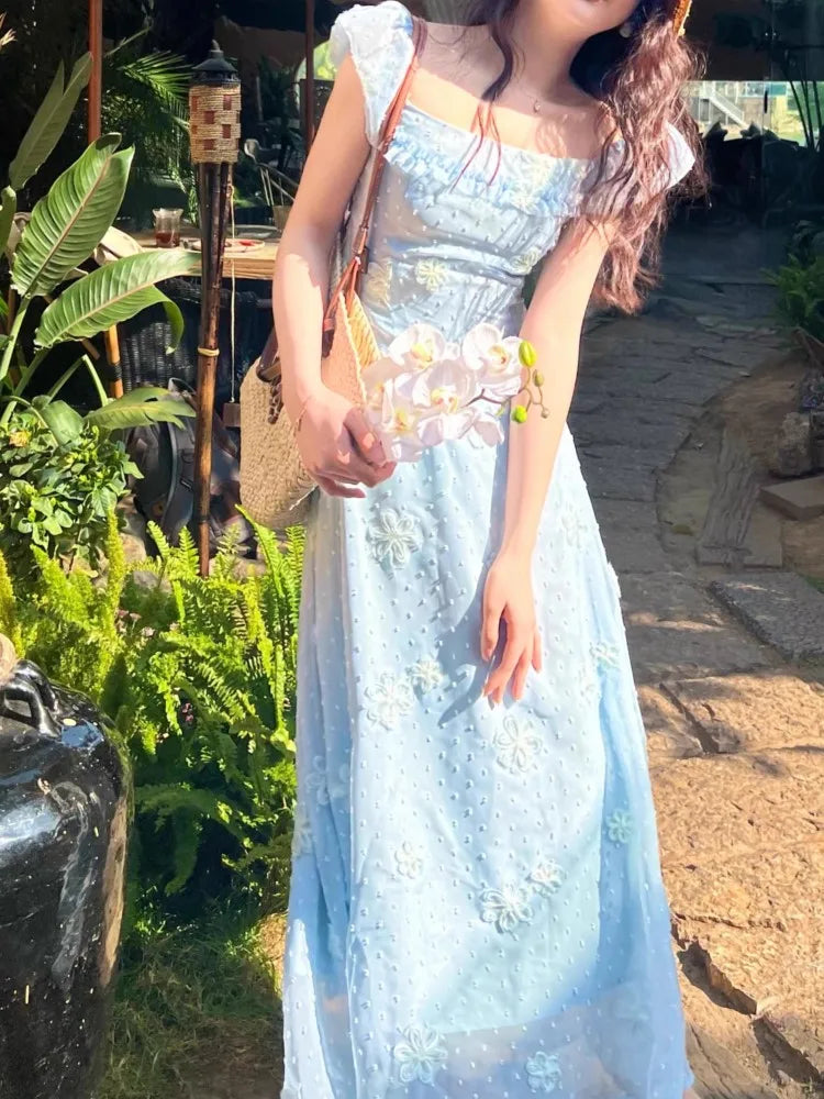 LIZAKOSHT  -  Summer Fairy Puff Sleeve Slash Neck Blue Dress Women Elegant 3D Flower Decoration Chiffon High Waist Slim Princess Dresses