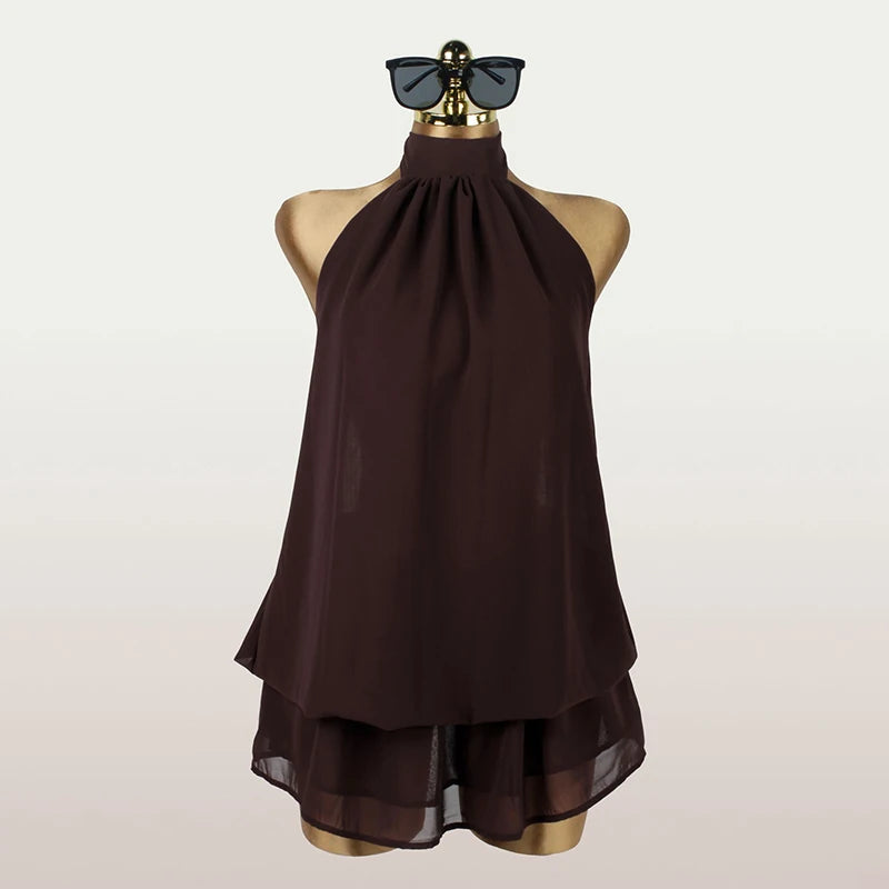 LIZAKOSHT  -  Beach Vacation Summer Ruffles Mini Sleeveless Dress Women's Fashion Solid Color Hanging Neck Open Back Pleated Dresses