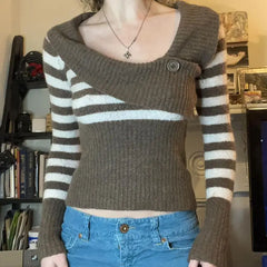 LIZAKOSHT  -  Sweater Contrast Striped Diagonal Collar American Retro Female Slim Slim Hot Girl Sweater Short Coat Tide