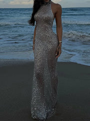 LIZAKOSHT  -  Sequin Halter Beach Dress Large Backless Neck Hanging Waist Cinched Slim Fit Wrap Hip Long Dresses Micro Perspective Sexy Robes