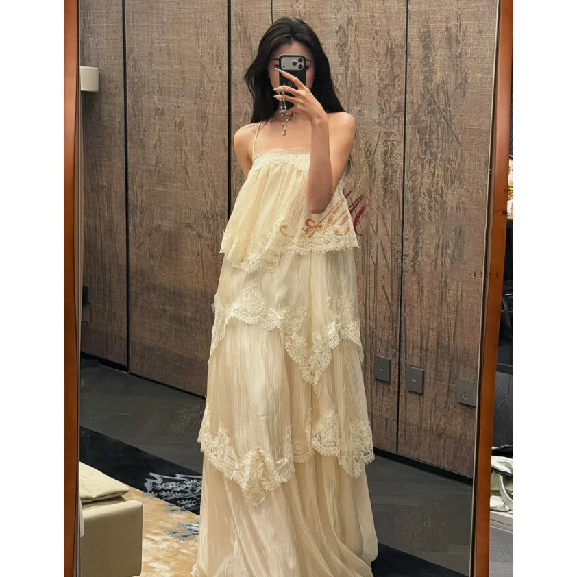 LIZAKOSHT  -  Romantic Wild Lace Strap Backless Women's Dress Floral  Spring Summer Vacation Style High Waist Loose Fit A-Line Skirt