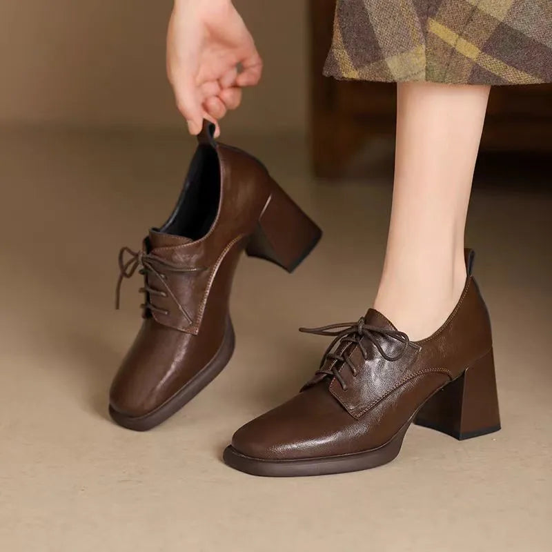 LIZAKOSHT  -  Women Square Toe Oxford Shoes Chunky Block High Heels Lace Up Leather Pumps Retro British Style Office Ladies Dress Shoes