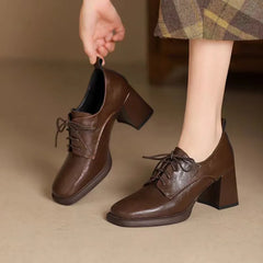 LIZAKOSHT  -  Women Square Toe Oxford Shoes Chunky Block High Heels Lace Up Leather Pumps Retro British Style Office Ladies Dress Shoes