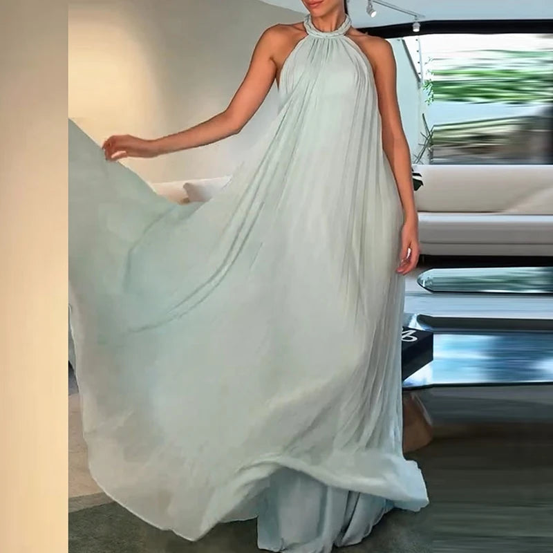 LIZAKOSHT  -  Chiffon Big Hem Party Dress Women Elegant Hollow Backless Full Length Maxi Dress Chic Draped Solid New Evening Dress Luxury
