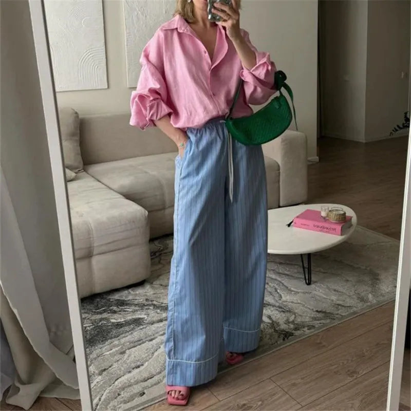 LIZAKOSHT  -  Women's Straight Wide Leg Pants Y2K Vintage Drawstring Elastic Waist Striped Print Boxer Pants Casual Lounge Trousers