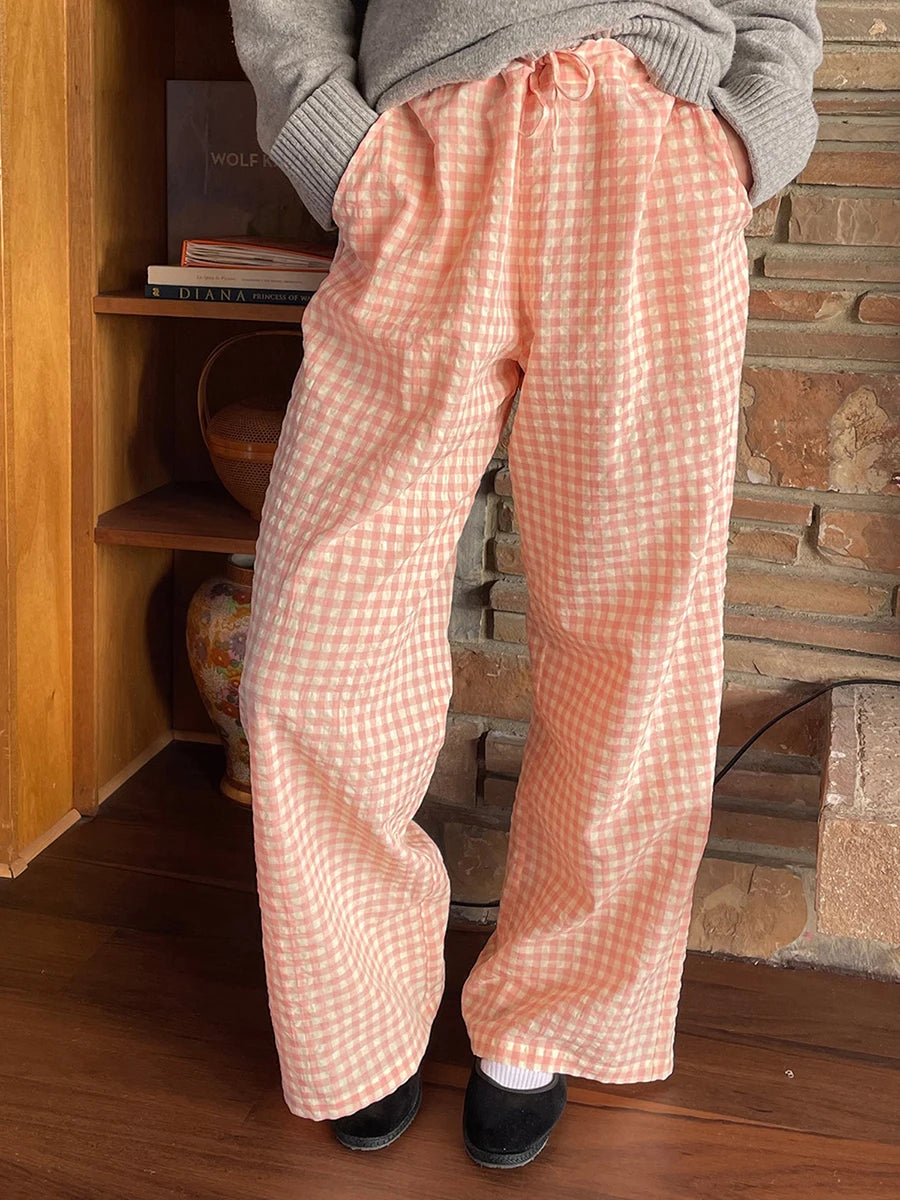 LIZAKOSHT  -  Y2K Vintage Women Girls Striped Plaid Pants Wide Leg Gingham Lounge Pants High Waist Striped Print Pajama Trousers Pants