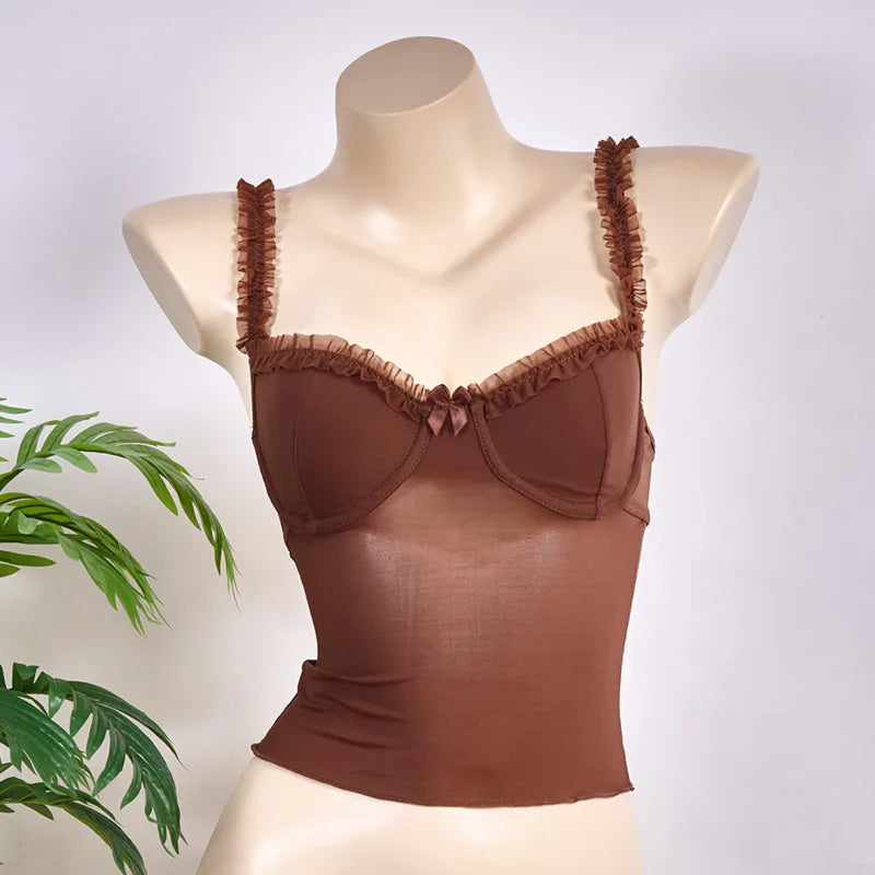 LIZAKOSHT  -  Women Leopard Print Lace Bow Edge Sexy Transparent Camisole Vest Retro Street Fashion Casual Top Daily Commuting Summer Vacation