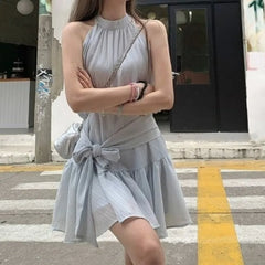LIZAKOSHT  -  Ruffles Women Dresses Solid Halter Spring Summer Elegant Vestidos Mujer Korean Fashion Bandage Retro Mini Dress