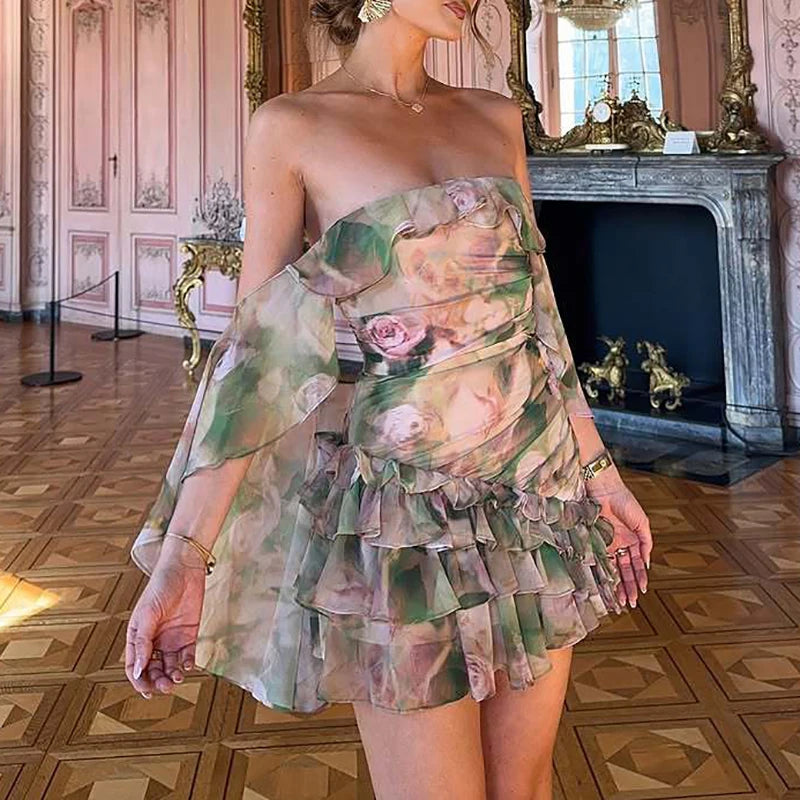 LIZAKOSHT  -  Luxury One Shoulder Sleeve Princess Chiffon Dress Elegant 2025 Irregular Ruffles Edge Party Dress Elegant Print Mini Dress Women