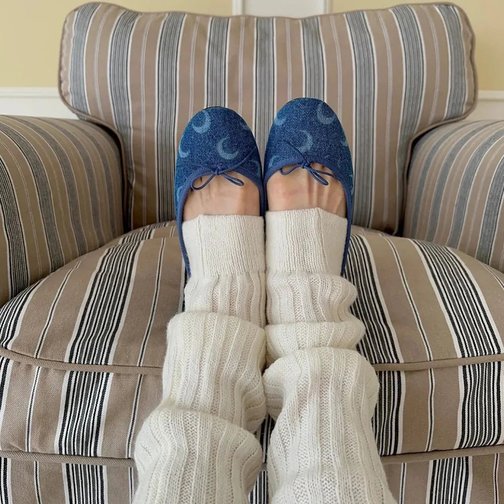 LIZAKOSHT  -  New Cute Moon Print Office lady Square Med Heels Shoes Women Lovely Ballet Style Shoes Denim blue Slip-on Pumps