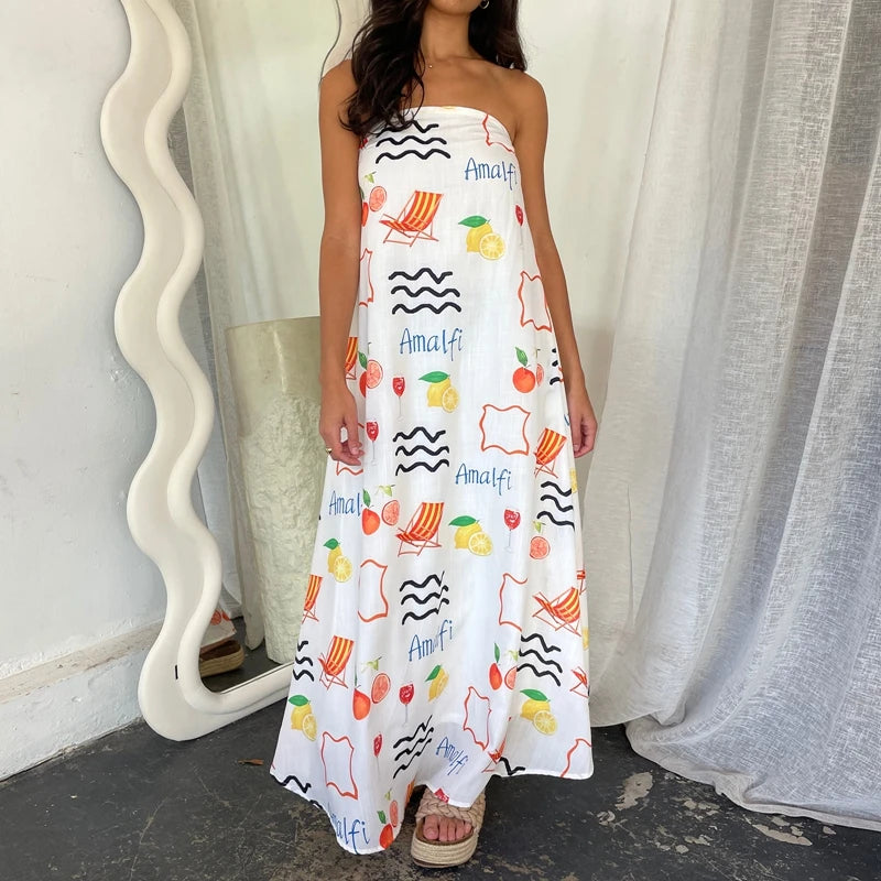 LIZAKOSHT  -  Beach Holiday Strapless Maxi Tube Dress Vintage Fruit Print Backless Swing Loose Dress Women Summer Boho Off Shoulder Long Dress