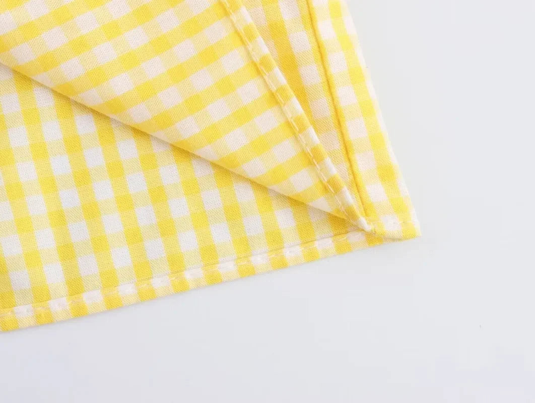 LIZAKOSHT  -  New Fashion Vintage Beach Mini Dress for Women 2024 Summer Holiday Women Casual Small Plaid Bow Yellow Dress Elegant Vestidos