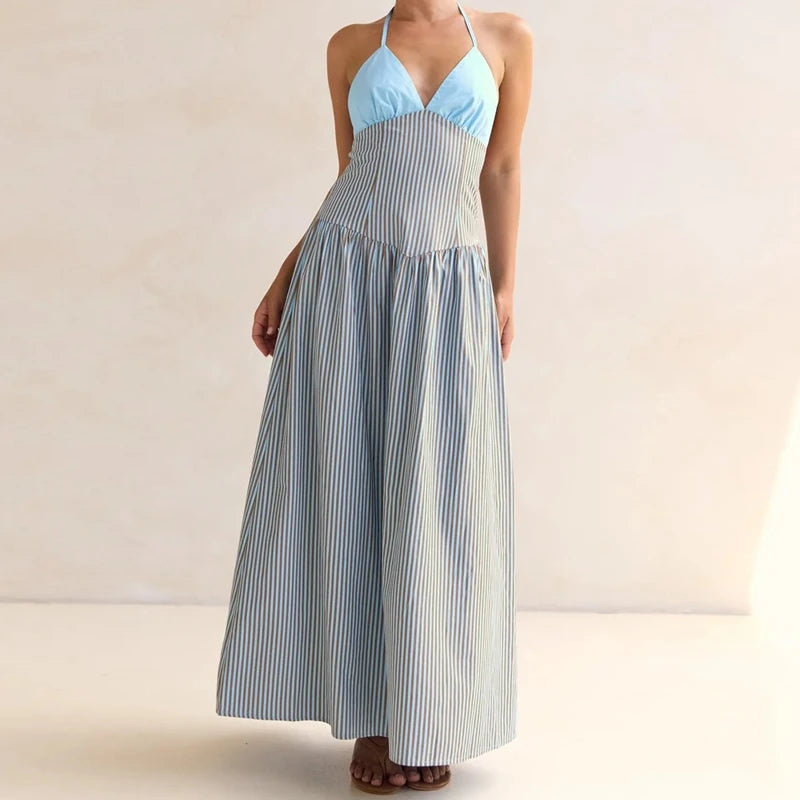 LIZAKOSHT  -  Women Halter Neck Striped Backless Maxi Dress Summer Sleeveless Long Dress Vacations Outdoor Backless Flowy Dress