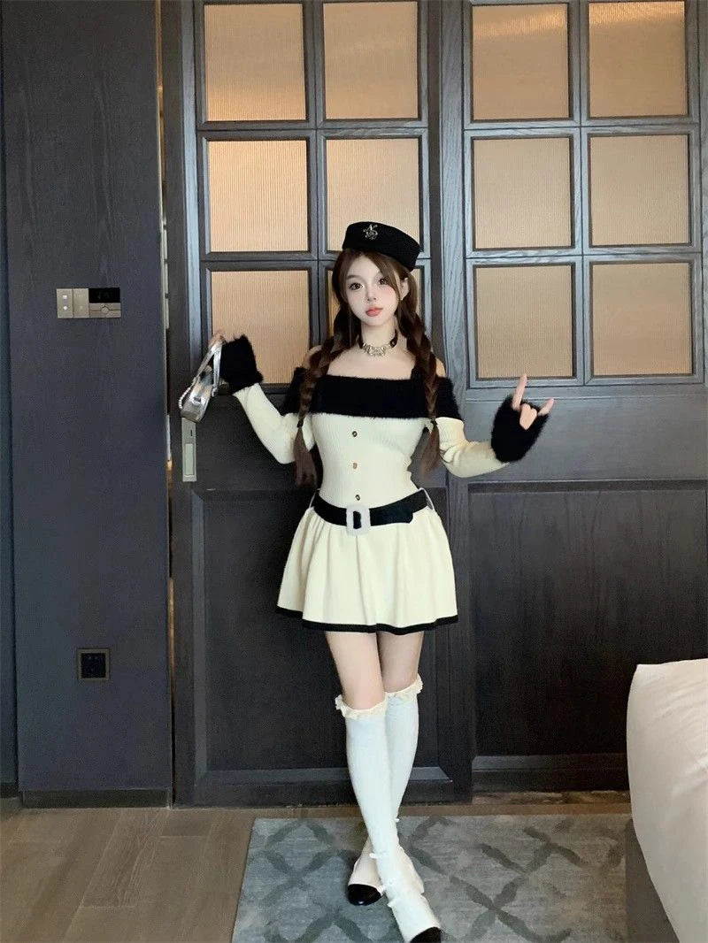 LIZAKOSHT  -  Women Knitted Mini Dress Autumn Hottie Slash Neck Patchwork Fashion Camisole Dresses Off Shoulder Belt Button Casual Vestidos